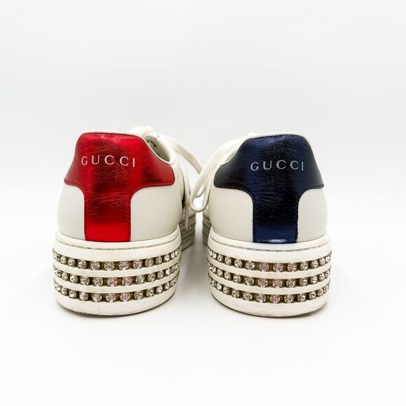 Gucci Ace Web Stripe Crystal Platform White Leather Bee Sneakers Size 37.5, 7.5 - Picture 4 of 15